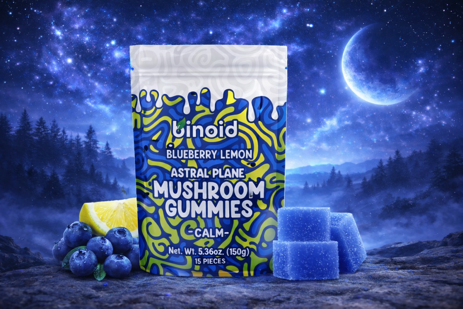 Binoid Mushroom Gummies – Blueberry Lemon (Astral Plane | Calm) 15 Count