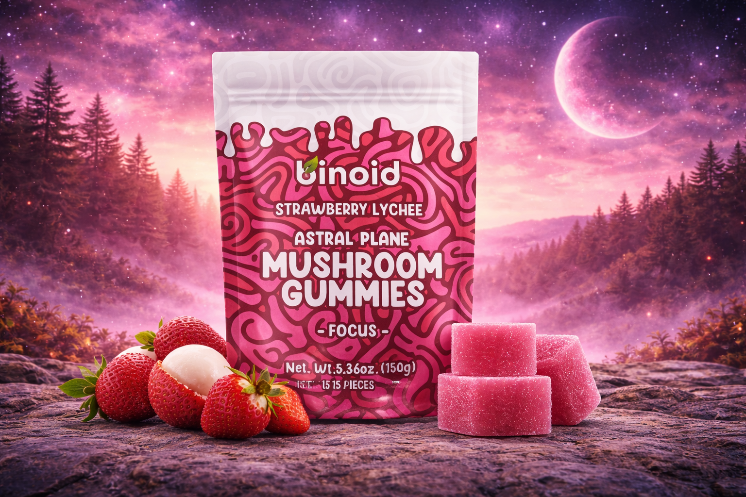 Binoid Mushroom Gummies – Strawberry Lychee (Astral Plane | Focus) 15 Count